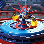 **

A dynamic action shot of three Beyblades clashing in a Beyblade stadium. One is clearly an "Attack Type" with aggressive spikes and metal, another is a "Defense Type" with a rounded, sturdy design, and the third is a "Stamina Type" spinning smoothly and gracefully. Use bright, vibrant colors and emphasize the energy of the battle. Takara Tomy logo subtly visible in the background.

**