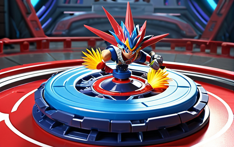 **

A dynamic action shot of three Beyblades clashing in a Beyblade stadium. One is clearly an "Attack Type" with aggressive spikes and metal, another is a "Defense Type" with a rounded, sturdy design, and the third is a "Stamina Type" spinning smoothly and gracefully. Use bright, vibrant colors and emphasize the energy of the battle. Takara Tomy logo subtly visible in the background.

**